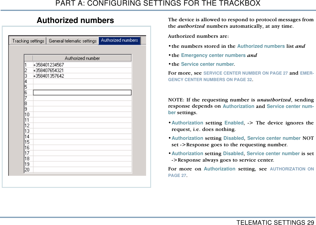TELEMATIC SETTINGS 29PART A: CONFIGURING SETTINGS FOR THE TRACKBOXAuthorized numbers The device is allowed to respond to protocol messages fromthe authorized numbers automatically, at any time. Authorized numbers are: &bull;the numbers stored in the Authorized numbers list and &bull;the Emergency center numbers and &bull;the Service center number. For more, see SERVICE CENTER NUMBER ON PAGE 27 and EMER-GENCY CENTER NUMBERS ON PAGE 32. NOTE: If the requesting number is unauthorized, sendingresponse depends on Authorization and Service center num-ber settings. &bull;Authorization setting Enabled, -> The device ignores therequest, i.e. does nothing. &bull;Authorization setting Disabled, Service center number NOTset ->Response goes to the requesting number. &bull;Authorization setting Disabled, Service center number is set->Response always goes to service center. For more on Authorization setting, see AUTHORIZATION ONPAGE 27. 