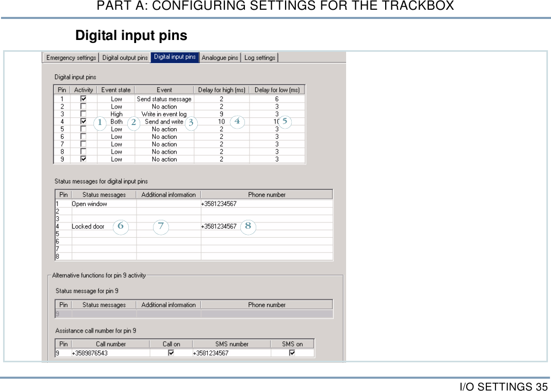 I/O SETTINGS 35PART A: CONFIGURING SETTINGS FOR THE TRACKBOXDigital input pins 143526 87