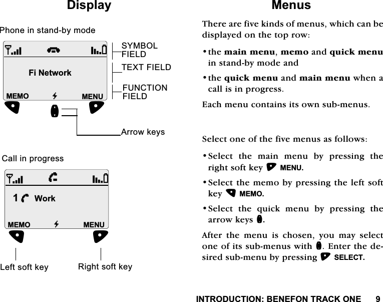 ,1752'8&amp;7,21%(1()2175$&amp;.21('LVSOD\ 0HQXV7KHUHDUHILYHNLQGVRIPHQXVZKLFKFDQEHGLVSOD\HGRQWKHWRSURZWKHPDLQPHQXPHPRDQGTXLFNPHQXLQVWDQGE\PRGHDQGWKHTXLFNPHQXDQGPDLQPHQXZKHQDFDOOLVLQSURJUHVV(DFKPHQXFRQWDLQVLWVRZQVXEPHQXV6HOHFWRQHRIWKHILYHPHQXVDVIROORZV6HOHFWWKHPDLQPHQXE\SUHVVLQJWKHULJKWVRIWNH\0(186HOHFWWKHPHPRE\SUHVVLQJWKHOHIWVRIWNH\0(026HOHFW WKH TXLFN PHQX E\ SUHVVLQJ WKHDUURZNH\VQ$IWHUWKHPHQXLVFKRVHQ\RXPD\VHOHFWRQHRILWVVXEPHQXVZLWKQ(QWHUWKHGHVLUHGVXEPHQXE\SUHVVLQJ6(/(&amp;76<0%2/),(/'7(;7),(/')81&amp;7,21),(/')L1HWZRUNG0(180(023KRQHLQVWDQGE\PRGHiG0(180(02h/:RUN&amp;DOOLQSURJUHVV/HIWVRIWNH\ 5LJKWVRIWNH\Q$UURZNH\V