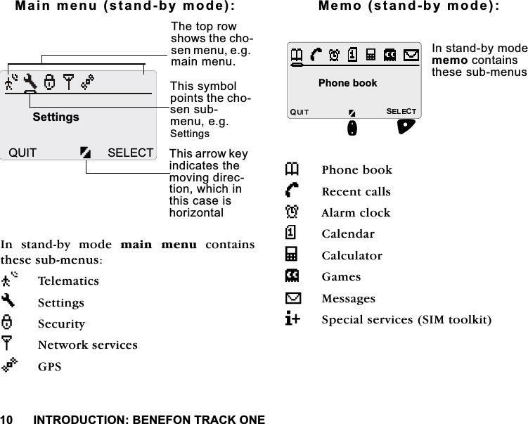 ,1752'8&amp;7,21%(1()2175$&amp;.21(0DLQPHQXVWDQGE\PRGH,Q VWDQGE\ PRGH PDLQ PHQXFRQWDLQVWKHVHVXEPHQXV;7H O H P D W L F V"6HWWLQJV6HFXULW\[1HWZRUNVHUYLFHV<*360HPRVWDQGE\PRGH73KRQHERRN/5HFHQWFDOOVN$ODUPFORFN!&amp;DOHQGDUP&amp;DOFXODWRUb*DPHVV0HVVDJHV36SHFLDOVHUYLFHV6,0WRRONLW7KHWRSURZVKRZVWKHFKRVHQPHQXHJPDLQPHQX7KLVV\PEROSRLQWVWKHFKRVHQVXEPHQXHJ6HWWLQJV7KLVDUURZNH\LQGLFDWHVWKHPRYLQJGLUHFWLRQZKLFKLQWKLVFDVHLVKRUL]RQWDO+6HWWLQJV48,7 6(/(&amp;7+3KRQHERRNQ,QVWDQGE\PRGHPHPRFRQWDLQVWKHVHVXEPHQXV