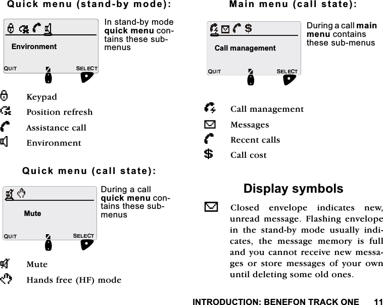 ,1752'8&amp;7,21%(1()2175$&amp;.21(4XLFNPHQXVWDQGE\PRGH.H\SDG43RVLWLRQUHIUHVK/$VVLVWDQFHFDOOS(QYLURQPHQW4XLFNPHQXFDOOVWDWHT0XWHJ+DQGVIUHH+)PRGH0DLQPHQXFDOOVWDWH.&amp;DOOPDQDJHPHQWV0HVVDJHV/5HFHQWFDOOV6&amp;DOOFRVW'LVSOD\V\PEROVV&amp;ORVHG HQYHORSH LQGLFDWHV QHZXQUHDG PHVVDJH )ODVKLQJ HQYHORSHLQWKHVWDQGE\PRGHXVXDOO\LQGLFDWHVWKHPHVVDJHPHPRU\LVIXOODQG\RXFDQQRWUHFHLYHQHZPHVVDJHV RU VWRUH PHVVDJHV RI \RXU RZQXQWLOGHOHWLQJVRPHROGRQHV+(QYLURQPHQWQ,QVWDQGE\PRGHTXLFNPHQXFRQWDLQVWKHVHVXEPHQXV+0XWHQ'XULQJDFDOOTXLFNPHQXFRQWDLQVWKHVHVXEPHQXVQ+&amp;DOOPDQDJHPHQW'XULQJDFDOOPDLQPHQXFRQWDLQVWKHVHVXEPHQXV