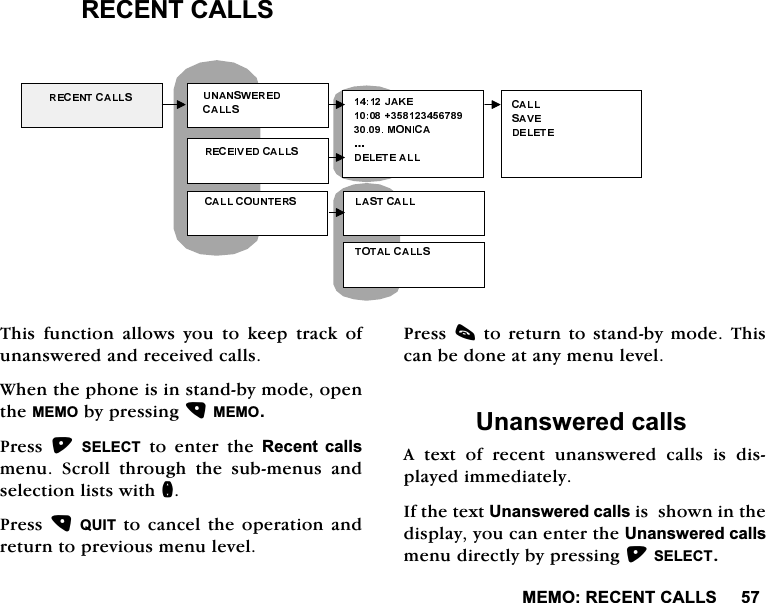 0(025(&amp;(17&amp;$//65(&amp;(17&amp;$//67KLVIXQFWLRQDOORZV\RXWRNHHSWUDFNRIXQDQVZHUHGDQGUHFHLYHGFDOOV:KHQWKHSKRQHLVLQVWDQGE\PRGHRSHQWKH0(02E\SUHVVLQJ0(023UHVV 6(/(&amp;7 WR HQWHU WKH 5HFHQW FDOOVPHQX 6FUROO WKURXJK WKH VXEPHQXV DQGVHOHFWLRQOLVWVZLWKQ3UHVV48,7WRFDQFHOWKHRSHUDWLRQDQGUHWXUQWRSUHYLRXVPHQXOHYHO3UHVVFWRUHWXUQWRVWDQGE\PRGH7KLVFDQEHGRQHDWDQ\PHQXOHYHO8QDQVZHUHGFDOOV$ WH[W RI UHFHQW XQDQVZHUHG FDOOV LV GLVSOD\HGLPPHGLDWHO\,IWKHWH[W8QDQVZHUHGFDOOVLVVKRZQLQWKHGLVSOD\\RXFDQHQWHUWKH8QDQVZHUHGFDOOVPHQXGLUHFWO\E\SUHVVLQJ6(/(&amp;7