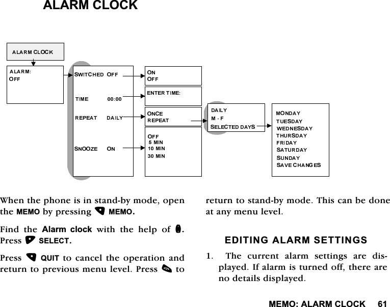 0(02$/$50&amp;/2&amp;.$/$50&amp;/2&amp;.:KHQWKHSKRQHLVLQVWDQGE\PRGHRSHQWKH0(02E\SUHVVLQJ0(02)LQG WKH $ODUP FORFN ZLWK WKH KHOS RI Q3UHVV6(/(&amp;73UHVV48,7WRFDQFHOWKHRSHUDWLRQDQGUHWXUQWRSUHYLRXVPHQXOHYHO3UHVVFWRUHWXUQWRVWDQGE\PRGH7KLVFDQEHGRQHDWDQ\PHQXOHYHO(',7,1*$/$506(77,1*6  7KH FXUUHQW DODUP VHWWLQJV DUH GLVSOD\HG,IDODUPLVWXUQHGRIIWKHUHDUHQRGHWDLOVGLVSOD\HG