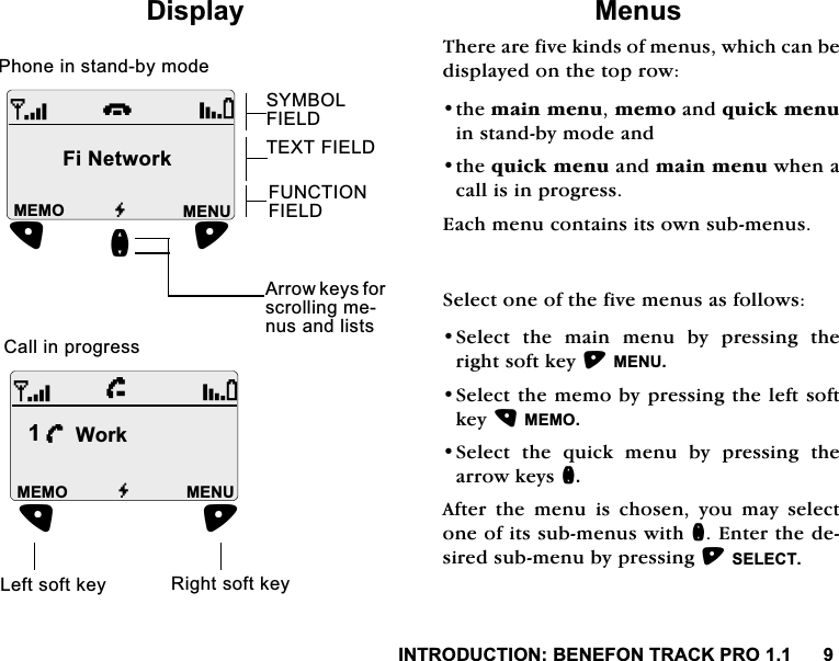 ,1752'8&amp;7,21%(1()2175$&amp;.352'LVSOD\ 0HQXV7KHUHDUHILYHNLQGVRIPHQXVZKLFKFDQEHGLVSOD\HGRQWKHWRSURZWKHPDLQPHQXPHPRDQGTXLFNPHQXLQVWDQGE\PRGHDQGWKHTXLFNPHQXDQGPDLQPHQXZKHQDFDOOLVLQSURJUHVV(DFKPHQXFRQWDLQVLWVRZQVXEPHQXV6HOHFWRQHRIWKHILYHPHQXVDVIROORZV6HOHFW WKH PDLQ PHQX E\ SUHVVLQJ WKHULJKWVRIWNH\0(186HOHFWWKHPHPRE\SUHVVLQJWKHOHIWVRIWNH\0(026HOHFW WKH TXLFN PHQX E\ SUHVVLQJ WKHDUURZNH\VQ$IWHUWKHPHQXLVFKRVHQ\RXPD\VHOHFWRQHRILWVVXEPHQXVZLWKQ(QWHUWKHGHVLUHGVXEPHQXE\SUHVVLQJ6(/(&amp;76<0%2/),(/'7(;7),(/')81&amp;7,21),(/')L1HWZRUNG0(180(023KRQHLQVWDQGE\PRGHiG0(180(02h/:RUN&amp;DOOLQSURJUHVV/HIWVRIWNH\ 5LJKWVRIWNH\Q$UURZNH\VIRUVFUROOLQJPHQXVDQGOLVWV