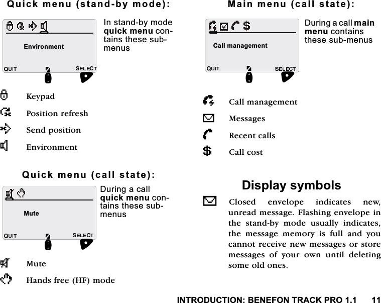 ,1752'8&amp;7,21%(1()2175$&amp;.3524XLFNPHQXVWDQGE\PRGH.H\SDG43RVLWLRQUHIUHVK56HQGSRVLWLRQS(QYLURQPHQW4XLFNPHQXFDOOVWDWHT0XWHJ+DQGVIUHH+)PRGH0DLQPHQXFDOOVWDWH.&amp;DOOPDQDJHPHQWV0HVVDJHV/5HFHQWFDOOV6&amp;DOOFRVW'LVSOD\V\PEROVV&amp;ORVHG HQYHORSH LQGLFDWHV QHZXQUHDGPHVVDJH)ODVKLQJHQYHORSHLQWKH VWDQGE\ PRGH XVXDOO\ LQGLFDWHVWKH PHVVDJH PHPRU\ LV IXOO DQG \RXFDQQRWUHFHLYHQHZPHVVDJHVRUVWRUHPHVVDJHV RI \RXU RZQ XQWLO GHOHWLQJVRPHROGRQHV+(QYLURQPHQWQ,QVWDQGE\PRGHTXLFNPHQXFRQWDLQVWKHVHVXEPHQXV+0XWHQ'XULQJDFDOOTXLFNPHQXFRQWDLQVWKHVHVXEPHQXVQ+&amp;DOOPDQDJHPHQW'XULQJDFDOOPDLQPHQXFRQWDLQVWKHVHVXEPHQXV
