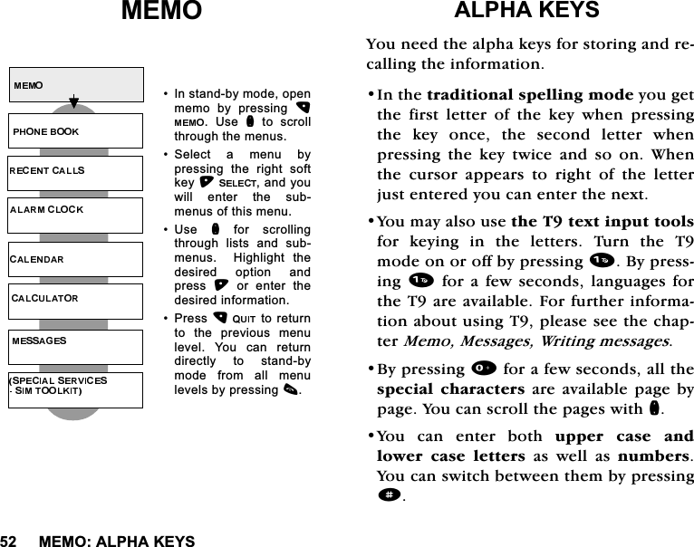 0(02$/3+$.(<60(02 $/3+$.(<6<RXQHHGWKHDOSKDNH\VIRUVWRULQJDQGUHFDOOLQJWKHLQIRUPDWLRQ,QWKHWUDGLWLRQDOVSHOOLQJPRGH\RXJHWWKH ILUVW OHWWHU RI WKH NH\ ZKHQ SUHVVLQJWKH NH\ RQFH WKH VHFRQG OHWWHU ZKHQSUHVVLQJWKHNH\WZLFHDQGVRRQ:KHQWKH FXUVRU DSSHDUV WR ULJKW RI WKH OHWWHUMXVWHQWHUHG\RXFDQHQWHUWKHQH[W<RXPD\DOVRXVHWKH7WH[WLQSXWWRROVIRU NH\LQJ LQ WKH OHWWHUV 7XUQ WKH 7PRGHRQRURIIE\SUHVVLQJ%\SUHVVLQJIRUDIHZVHFRQGVODQJXDJHVIRUWKH7DUHDYDLODEOH)RUIXUWKHULQIRUPDWLRQDERXWXVLQJ7SOHDVHVHHWKHFKDSWHU0HPR0HVVDJHV:ULWLQJPHVVDJHV%\SUHVVLQJIRUDIHZVHFRQGVDOOWKHVSHFLDO FKDUDFWHUVDUHDYDLODEOHSDJHE\SDJH<RXFDQVFUROOWKHSDJHVZLWKQ<RXFDQHQWHUERWKXSSHU FDVH DQGORZHU FDVH OHWWHUV DV ZHOO DV QXPEHUV<RXFDQVZLWFKEHWZHHQWKHPE\SUHVVLQJd ,QVWDQGE\PRGHRSHQPHPR E\ SUHVVLQJ  8VH QWRVFUROOWKURXJKWKHPHQXV 6HOHFW D PHQX E\SUHVVLQJ WKH ULJKW VRIWNH\DQG\RXZLOO HQWHU WKH VXEPHQXVRIWKLVPHQX8VH Q IRU VFUROOLQJWKURXJK OLVWV DQG VXEPHQXV  +LJKOLJKW WKHGHVLUHG RSWLRQ DQGSUHVV  RU HQWHU WKHGHVLUHGLQIRUPDWLRQ3UHVVWRUHWXUQWR WKH SUHYLRXV PHQXOHYHO <RX FDQ UHWXUQGLUHFWO\ WR VWDQGE\PRGH IURP DOO PHQXOHYHOVE\SUHVVLQJF