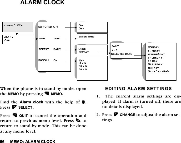 0(02$/$50&amp;/2&amp;.$/$50&amp;/2&amp;.:KHQWKHSKRQHLVLQVWDQGE\PRGHRSHQWKH0(02E\SUHVVLQJ0(02)LQG WKH $ODUP FORFN ZLWK WKH KHOS RI Q3UHVV6(/(&amp;73UHVV48,7WRFDQFHOWKHRSHUDWLRQDQGUHWXUQWRSUHYLRXVPHQXOHYHO3UHVVFWRUHWXUQWRVWDQGE\PRGH7KLVFDQEHGRQHDWDQ\PHQXOHYHO(',7,1*$/$506(77,1*6  7KH FXUUHQW DODUP VHWWLQJV DUH GLVSOD\HG,IDODUPLVWXUQHGRIIWKHUHDUHQRGHWDLOVGLVSOD\HG3UHVV&amp;+$1*(WRDGMXVWWKHDODUPVHWWLQJV