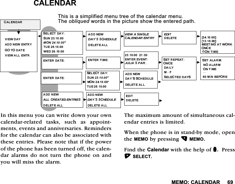 0(02&amp;$/(1'$5&amp;$/(1'$5,QWKLVPHQX\RXFDQZULWHGRZQ\RXURZQFDOHQGDUUHODWHG WDVNV VXFK DV DSSRLQWPHQWVHYHQWVDQGDQQLYHUVDULHV5HPLQGHUVIRUWKHFDOHQGDUFDQDOVREHDVVRFLDWHGZLWKWKHVHHQWULHV3OHDVHQRWHWKDWLIWKHSRZHURIWKHSKRQHKDVEHHQWXUQHGRIIWKHFDOHQGDU DODUPV GR QRW WXUQ WKH SKRQH RQ DQG\RXZLOOPLVVWKHDODUP7KHPD[LPXPDPRXQWRIVLPXOWDQHRXVFDOHQGDUHQWULHVLVOLPLWHG:KHQWKHSKRQHLVLQVWDQGE\PRGHRSHQWKH0(02E\SUHVVLQJ0(02)LQGWKH&amp;DOHQGDUZLWKWKHKHOSRIQ3UHVV6(/(&amp;77KLVLVDVLPSOLILHGPHQXWUHHRIWKHFDOHQGDUPHQX7KHREOLTXHGZRUGVLQWKHSLFWXUHVKRZWKHHQWHUHGSDWK