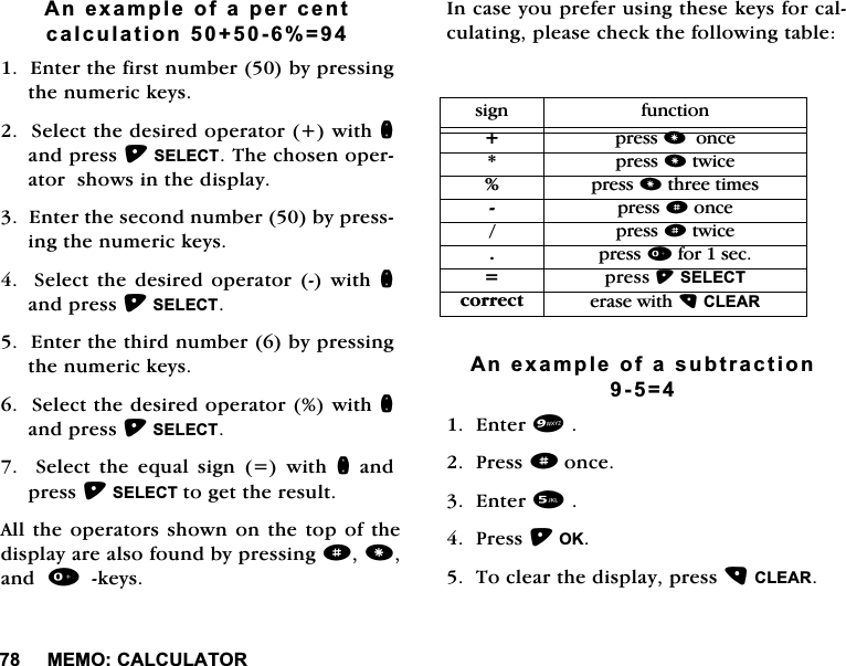 0(02&amp;$/&amp;8/$725$QH[DPSOHRIDSHUFHQWFDOFXODWLRQ (QWHUWKHILUVWQXPEHUE\SUHVVLQJWKHQXPHULFNH\V6HOHFWWKHGHVLUHGRSHUDWRUZLWKQDQGSUHVV6(/(&amp;77KHFKRVHQRSHUDWRUVKRZVLQWKHGLVSOD\(QWHUWKHVHFRQGQXPEHUE\SUHVVLQJWKHQXPHULFNH\V6HOHFWWKHGHVLUHGRSHUDWRU ZLWKQDQGSUHVV6(/(&amp;7(QWHUWKHWKLUGQXPEHUE\SUHVVLQJWKHQXPHULFNH\V6HOHFWWKHGHVLUHGRSHUDWRUZLWKQDQGSUHVV6(/(&amp;76HOHFWWKHHTXDOVLJQ ZLWKQDQGSUHVV6(/(&amp;7WRJHWWKHUHVXOW$OOWKHRSHUDWRUVVKRZQRQWKHWRSRIWKHGLVSOD\DUHDOVRIRXQGE\SUHVVLQJdDQGNH\V,QFDVH\RXSUHIHUXVLQJWKHVHNH\VIRUFDOFXODWLQJSOHDVHFKHFNWKHIROORZLQJWDEOH$QH[DPSOHRIDVXEWUDFWLRQ (QWHU3UHVVdRQFH(QWHU3UHVV2.7RFOHDUWKHGLVSOD\SUHVV&amp;/($5VLJQ IXQFWLRQSUHVVRQFHSUHVVWZLFHSUHVVWKUHHWLPHVSUHVVdRQFHSUHVVdWZLFHSUHVVIRUVHF SUHVV6(/(&amp;7FRUUHFW HUDVHZLWK&amp;/($5