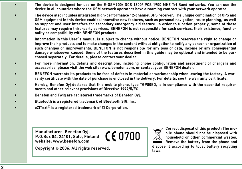 Page 2 of Benefonj TGP80EG GSM Mobile phone User Manual twig