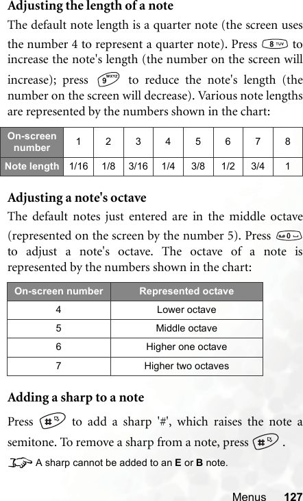 Menus 127Adjusting the length of a noteThe default note length is a quarter note (the screen usesthe number 4 to represent a quarter note). Press   toincrease the note&apos;s length (the number on the screen willincrease); press   to reduce the note&apos;s length (thenumber on the screen will decrease). Various note lengthsare represented by the numbers shown in the chart:Adjusting a note&apos;s octaveThe default notes just entered are in the middle octave(represented on the screen by the number 5). Press to adjust a note&apos;s octave. The octave of a note isrepresented by the numbers shown in the chart:Adding a sharp to a notePress   to add a sharp &apos;#&apos;, which raises the note asemitone. To remove a sharp from a note, press   .8A sharp cannot be added to an E or B note.On-screen number 12345678Note length 1/16 1/8 3/16 1/4 3/8 1/2 3/4 1On-screen number Represented octave4 Lower octave5 Middle octave6 Higher one octave7 Higher two octaves