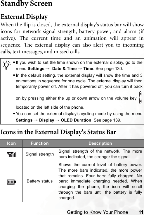 Getting to Know Your Phone 11Standby ScreenExternal DisplayWhen the flip is closed, the external display&apos;s status bar will showicons for network signal strength, battery power, and alarm (ifactive). The current time and an animation will appear insequence. The external display can also alert you to incomingcalls, text messages, and missed calls.Icons in the External Display&apos;s Status Bar/•If you wish to set the time shown on the external display, go to themenu Settings →  Date &amp; Time → Time. See page 130.•In the default setting, the external display will show the time and 3animations in sequence for one cycle. The external display will thentemporarily power off. After it has powered off, you can turn it backon by pressing either the up or down arrow on the volume key located on the left side of the phone.•You can set the external display&apos;s cycling mode by using the menuSettings → Display → OLED Duration. See page 139.Icon Function DescriptionSignal strength Signal strength of the network. The morebars indicated, the stronger the signal.Battery statusShows the current level of battery power.The more bars indicated, the more powerthat remains. Four bars: fully charged. Nobars: immediate charging needed. Whencharging the phone, the icon will scrollthrough the bars until the battery is fullycharged.