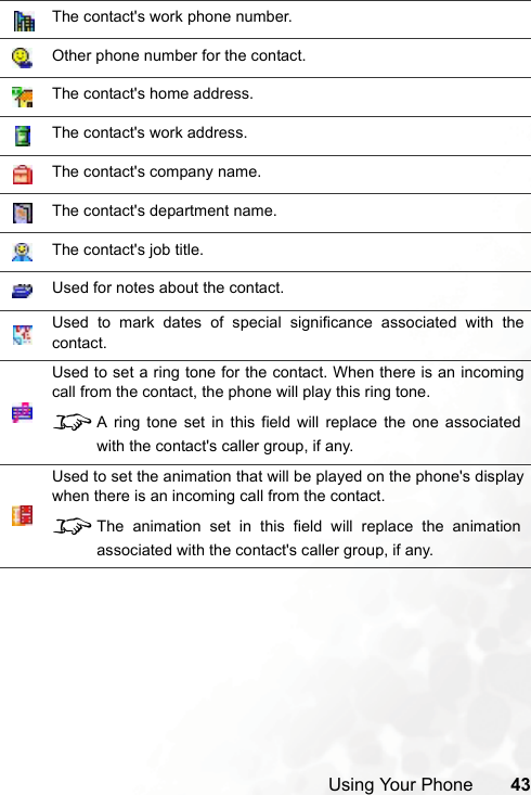 Using Your Phone 43The contact&apos;s work phone number.Other phone number for the contact.The contact&apos;s home address.The contact&apos;s work address.The contact&apos;s company name.The contact&apos;s department name.The contact&apos;s job title.Used for notes about the contact.Used to mark dates of special significance associated with thecontact.Used to set a ring tone for the contact. When there is an incomingcall from the contact, the phone will play this ring tone.8A ring tone set in this field will replace the one associatedwith the contact&apos;s caller group, if any.Used to set the animation that will be played on the phone&apos;s displaywhen there is an incoming call from the contact.8The animation set in this field will replace the animationassociated with the contact&apos;s caller group, if any.