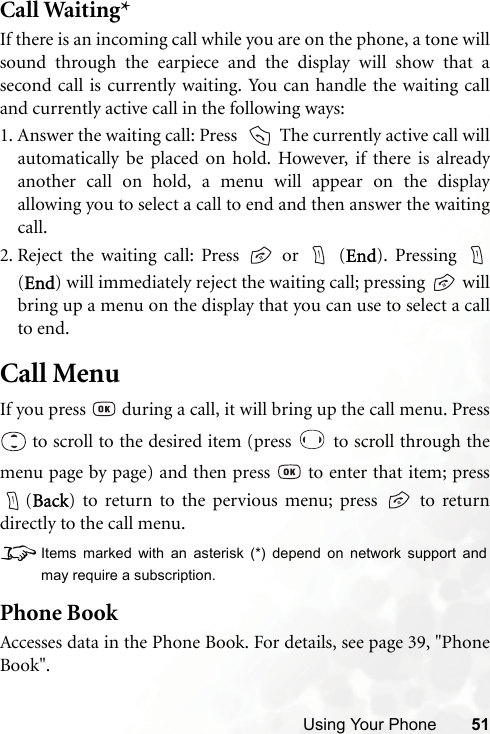 Using Your Phone 51Call Waiting*If there is an incoming call while you are on the phone, a tone willsound through the earpiece and the display will show that asecond call is currently waiting. You can handle the waiting calland currently active call in the following ways:1. Answer the waiting call: Press    The currently active call willautomatically be placed on hold. However, if there is alreadyanother call on hold, a menu will appear on the displayallowing you to select a call to end and then answer the waitingcall.2. Reject the waiting call: Press   or   (End). Pressing (End) will immediately reject the waiting call; pressing   willbring up a menu on the display that you can use to select a callto end.Call MenuIf you press   during a call, it will bring up the call menu. Press to scroll to the desired item (press   to scroll through themenu page by page) and then press   to enter that item; press(Back) to return to the pervious menu; press   to returndirectly to the call menu.8Items marked with an asterisk (*) depend on network support andmay require a subscription.Phone BookAccesses data in the Phone Book. For details, see page 39, &quot;PhoneBook&quot;.