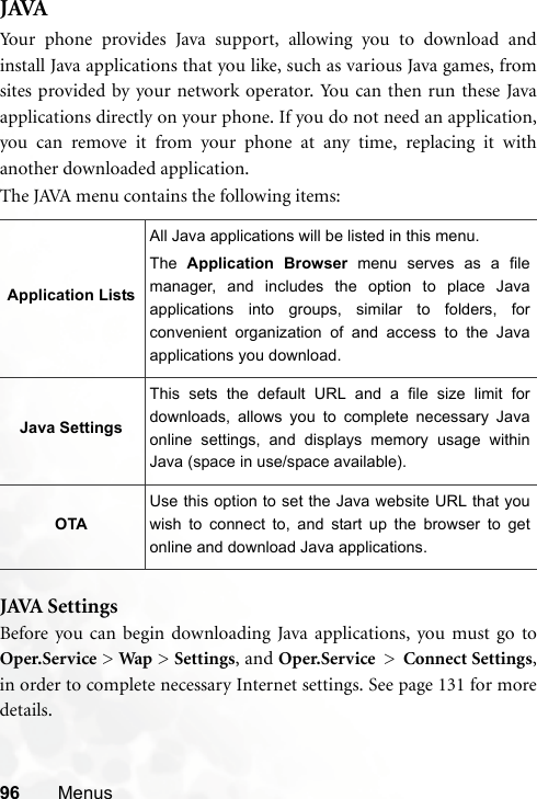 96 MenusJAVAYour phone provides Java support, allowing you to download andinstall Java applications that you like, such as various Java games, fromsites provided by your network operator. You can then run these Javaapplications directly on your phone. If you do not need an application,you can remove it from your phone at any time, replacing it withanother downloaded application.The JAVA menu contains the following items:JAVA SettingsBefore you can begin downloading Java applications, you must go toOper.Service &gt; Wap &gt; Settings, and Oper.Service &gt; Connect Settings,in order to complete necessary Internet settings. See page 131 for moredetails.Application ListsAll Java applications will be listed in this menu.The  Application Browser menu serves as a filemanager, and includes the option to place Javaapplications into groups, similar to folders, forconvenient organization of and access to the Javaapplications you download.Java SettingsThis sets the default URL and a file size limit fordownloads, allows you to complete necessary Javaonline settings, and displays memory usage withinJava (space in use/space available).OTAUse this option to set the Java website URL that youwish to connect to, and start up the browser to getonline and download Java applications.