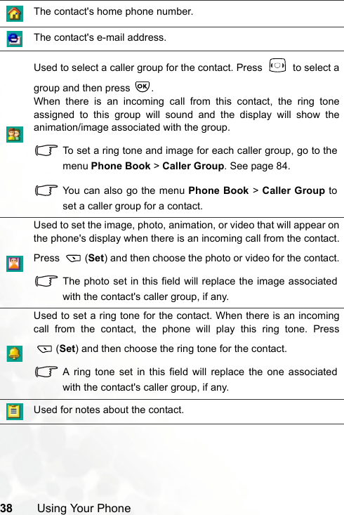 38 Using Your PhoneThe contact&apos;s home phone number.The contact&apos;s e-mail address.Used to select a caller group for the contact. Press     to select agroup and then press  .When there is an incoming call from this contact, the ring toneassigned to this group will sound and the display will show theanimation/image associated with the group.To set a ring tone and image for each caller group, go to themenu Phone Book &gt; Caller Group. See page 84.You can also go the menu Phone Book &gt; Caller Group toset a caller group for a contact.Used to set the image, photo, animation, or video that will appear onthe phone&apos;s display when there is an incoming call from the contact.Press (Set) and then choose the photo or video for the contact.The photo set in this field will replace the image associatedwith the contact&apos;s caller group, if any.Used to set a ring tone for the contact. When there is an incomingcall from the contact, the phone will play this ring tone. Press(Set) and then choose the ring tone for the contact.A ring tone set in this field will replace the one associatedwith the contact&apos;s caller group, if any.Used for notes about the contact.