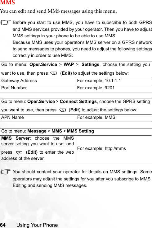 64 Using Your PhoneMMSYou can edit and send MMS messages using this menu.Before you start to use MMS, you have to subscribe to both GPRSand MMS services provided by your operator. Then you have to adjustMMS settings in your phone to be able to use MMS.Because MMS uses your operator&apos;s MMS server on a GPRS networkto send messages to phones, you need to adjust the following settingscorrectly in order to use MMS:You should contact your operator for details on MMS settings. Someoperators may adjust the settings for you after you subscribe to MMS.Editing and sending MMS messages.Go to menu: Oper.Service &gt;  WAP &gt; Settings, choose the setting youwant to use, then press   (Edit) to adjust the settings below:Gateway Address For example, 10.1.1.1Port Number For example, 9201Go to menu: Oper.Service &gt; Connect Settings, choose the GPRS settingyou want to use, then press   (Edit) to adjust the settings below:APN Name For example, MMSGo to menu: Message &gt; MMS &gt; MMS SettingMMS Server: choose the MMSserver setting you want to use, andpress  (Edit)  to enter the webaddress of the server.For example, http://mms