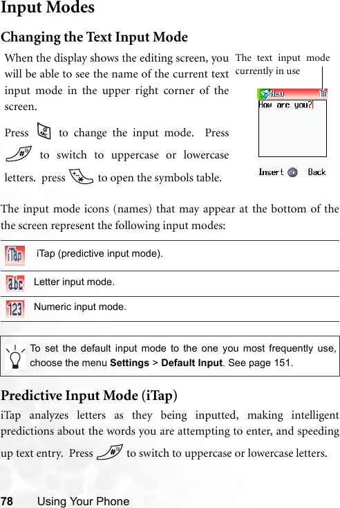 78 Using Your PhoneInput ModesChanging the Text Input ModeThe input mode icons (names) that may appear at the bottom of thethe screen represent the following input modes:Predictive Input Mode (iTap)iTap analyzes letters as they being inputted, making intelligentpredictions about the words you are attempting to enter, and speedingup text entry.  Press   to switch to uppercase or lowercase letters.   iTap (predictive input mode).Letter input mode.Numeric input mode.To set the default input mode to the one you most frequently use,choose the menu Settings &gt; Default Input. See page 151.When the display shows the editing screen, youwill be able to see the name of the current textinput mode in the upper right corner of thescreen.Press   to change the input mode.  Press to switch to uppercase or lowercaseletters.  press   to open the symbols table.The text input modecurrently in use