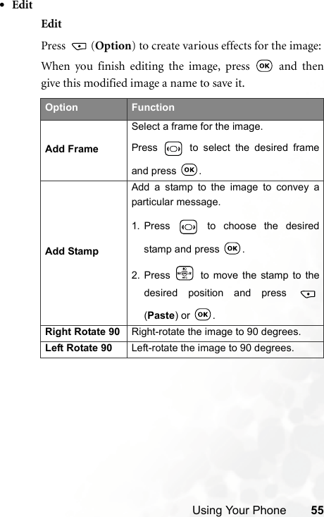 Using Your Phone 55•EditEditPress (Option) to create various effects for the image:When you finish editing the image, press   and thengive this modified image a name to save it.Option FunctionAdd FrameSelect a frame for the image.Press   to select the desired frameand press  .Add StampAdd a stamp to the image to convey aparticular message.1. Press   to choose the desiredstamp and press  .2. Press   to move the stamp to thedesired position and press (Paste) or  .Right Rotate 90 Right-rotate the image to 90 degrees.Left Rotate 90 Left-rotate the image to 90 degrees.