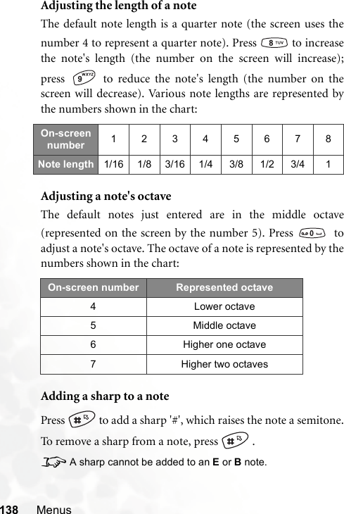 138 MenusAdjusting the length of a noteThe default note length is a quarter note (the screen uses thenumber 4 to represent a quarter note). Press   to increasethe note&apos;s length (the number on the screen will increase);press   to reduce the note&apos;s length (the number on thescreen will decrease). Various note lengths are represented bythe numbers shown in the chart:Adjusting a note&apos;s octaveThe default notes just entered are in the middle octave(represented on the screen by the number 5). Press    toadjust a note&apos;s octave. The octave of a note is represented by thenumbers shown in the chart:Adding a sharp to a notePress   to add a sharp &apos;#&apos;, which raises the note a semitone.To remove a sharp from a note, press   .8A sharp cannot be added to an E or B note.On-screen number 12345678Note length 1/16 1/8 3/16 1/4 3/8 1/2 3/4 1On-screen number Represented octave4 Lower octave5 Middle octave6 Higher one octave7 Higher two octaves