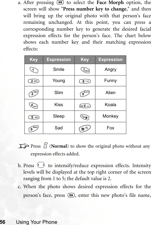 56 Using Your Phonea. After pressing   to select the Face Morph option, thescreen will show &quot;Press number key to change,&quot; and thenwill bring up the original photo with that person&apos;s faceremaining unchanged. At this point, you can press acorresponding number key to generate the desired facialexpression effects for the person&apos;s face. The chart belowshows each number key and their matching expressioneffects:8Press (Normal) to show the original photo without anyexpression effects added.b. Press   to intensify/reduce expression effects. Intensitylevels will be displayed at the top right corner of the screenranging from 1 to 5; the default value is 2.c. When the photo shows desired expression effects for theperson&apos;s face, press  , enter this new photo&apos;s file name,Key Expression Key ExpressionSmile AngryYoung FunnySlim AlienKiss KoalaSleep MonkeySad Fox