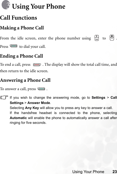 Using Your Phone 23Using Your PhoneCall FunctionsMaking a Phone CallFrom the idle screen, enter the phone number using   to  .Press   to dial your call.Ending a Phone CallTo end a call, press  . The display will show the total call time, andthen return to the idle screen.Answering a Phone CallTo answer a call, press  .If you wish to change the answering mode, go to Settings &gt; CallSettings &gt; Answer Mode.Selecting Any Key will allow you to press any key to answer a call.If the handsfree headset is connected to the phone, selectingAutomatic will enable the phone to automatically answer a call afterringing for five seconds.