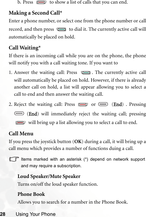 28 Using Your Phoneb. Press   to show a list of calls that you can end.Making a Second Call*Enter a phone number, or select one from the phone number or callrecord, and then press   to dial it. The currently active call willautomatically be placed on hold.Call Waiting*If there is an incoming call while you are on the phone, the phonewill notify you with a call waiting tone. If you want to1. Answer the waiting call: Press  . The currently active callwill automatically be placed on hold. However, if there is alreadyanother call on hold, a list will appear allowing you to select acall to end and then answer the waiting call.2. Reject the waiting call: Press   or   (End) . Pressing (End) will immediately reject the waiting call; pressing will bring up a list allowing you to select a call to end.Call MenuIf you press the joystick button (OK) during a call, it will bring up acall menu which provides a number of functions duing a call.Items marked with an asterisk (*) depend on network supportand may require a subscription.Loud Speaker/Mute SpeakerTurns on/off the loud speaker function.Phone BookAllows you to search for a number in the Phone Book.