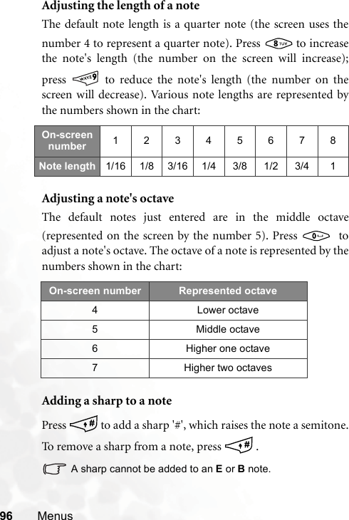 96 MenusAdjusting the length of a noteThe default note length is a quarter note (the screen uses thenumber 4 to represent a quarter note). Press   to increasethe note&apos;s length (the number on the screen will increase);press   to reduce the note&apos;s length (the number on thescreen will decrease). Various note lengths are represented bythe numbers shown in the chart:Adjusting a note&apos;s octaveThe default notes just entered are in the middle octave(represented on the screen by the number 5). Press    toadjust a note&apos;s octave. The octave of a note is represented by thenumbers shown in the chart:Adding a sharp to a notePress   to add a sharp &apos;#&apos;, which raises the note a semitone.To remove a sharp from a note, press   .A sharp cannot be added to an E or Bnote.On-screen number 12345678Note length 1/16 1/8 3/16 1/4 3/8 1/2 3/4 1On-screen number Represented octave4 Lower octave5 Middle octave6 Higher one octave7 Higher two octaves