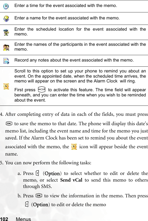 102 Menus4. After completing entry of data in each of the fields, you must press to save the memo to that date. The phone will display this date&apos;smemo list, including the event name and time for the memo you justsaved. If the Alarm Clock has been set to remind you about the eventassociated with the memo, the   icon will appear beside the eventname.5. You can now perform the following tasks:a. Press  (OOption) to select whether to edit or delete thememo, or select Send vCal to send this memo to othersthrough SMS.b. Press   to view the information in the memo. Then press (OOption) to edit or delete the memoEnter a time for the event associated with the memo.Enter a name for the event associated with the memo.Enter the scheduled location for the event associated with thememo.Enter the names of the participants in the event associated with thememo.Record any notes about the event associated with the memo.Scroll to this option to set up your phone to remind you about anevent. On the appointed date, when the scheduled time arrives, thememo will appear on the screen and the Alarm Clock  will ring.First press   to activate this feature. The time field will appearbeneath, and you can enter the time when you wish to be remindedabout the event.