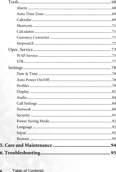 xTable of ContentsTools.................................................................................... 68Alarm ......................................................................................68Auto Time Zone .....................................................................69Calendar..................................................................................69Shortcuts .................................................................................71Calculator................................................................................71Currency Converter ...............................................................71Stopwatch ...............................................................................72Oper. Service....................................................................... 73WAP Service ...........................................................................73STK..........................................................................................77Settings ................................................................................ 78Date &amp; Time ...........................................................................78Auto Power On/Off................................................................78Profiles ....................................................................................79Display ....................................................................................82Audio.......................................................................................84Call Settings ............................................................................84Network ..................................................................................89Security ...................................................................................91Power Saving Mode................................................................92Language .................................................................................92Input........................................................................................92Restore ....................................................................................935. Care and Maintenance ..............................................946. Troubleshooting........................................................ 95