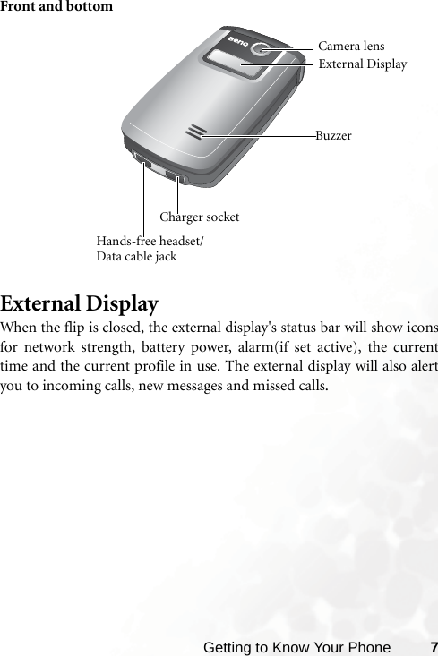 Getting to Know Your Phone 7Front and bottomExternal DisplayWhen the flip is closed, the external display&apos;s status bar will show iconsfor network strength, battery power, alarm(if set active), the currenttime and the current profile in use. The external display will also alertyou to incoming calls, new messages and missed calls.Hands-free headset/Data cable jackCharger socketBuzzerExternal DisplayCamera lens