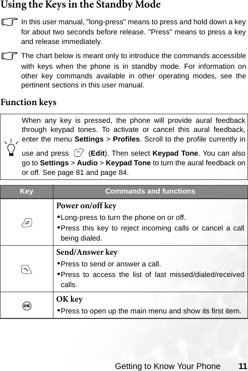 Getting to Know Your Phone 11Using the Keys in the Standby ModeIn this user manual, &quot;long-press&quot; means to press and hold down a keyfor about two seconds before release. &quot;Press&quot; means to press a keyand release immediately.The chart below is meant only to introduce the commands accessiblewith keys when the phone is in standby mode. For information onother key commands available in other operating modes, see thepertinent sections in this user manual.Function keysWhen any key is pressed, the phone will provide aural feedbackthrough keypad tones. To activate or cancel this aural feedback,enter the menu Settings &gt; Profiles. Scroll to the profile currently inuse and press   (Edit). Then select Keypad Tone. You can alsogo to Settings &gt; Audio &gt; Keypad Tone to turn the aural feedback onor off. See page 81 and page 84.Key Commands and functionsPower on/off key•Long-press to turn the phone on or off.•Press this key to reject incoming calls or cancel a callbeing dialed.Send/Answer key•Press to send or answer a call.•Press to access the list of last missed/dialed/receivedcalls.OK key•Press to open up the main menu and show its first item.