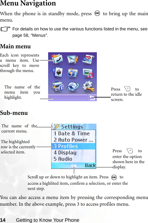 14 Getting to Know Your PhoneMenu NavigationWhen the phone is in standby mode, press   to bring up the mainmenu.For details on how to use the various functions listed in the menu, seepage 58, &quot;Menus&quot;.Main menuSub-menuYou can also access a menu item by pressing the corresponding menunumber. In the above example, press 3 to access profiles menu.Press  to return to the idle screen.Each icon representsa menu item. Usescroll key to movethrough the menu.The name of themenu item youhighlight.Press  to enter the option shown here in the display.Scroll up or down to highlight an item. Press   to access a highlited item, confirm a selection, or enter the next step.The highlighted row is the currently selected item.The name of thecurrent menu.