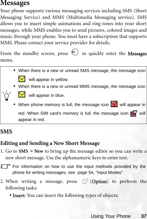 Using Your Phone 37MessagesYour phone supports various messaging services including SMS (ShortMessaging Service) and MMS (Multimedia Messaging service). SMSallows you to insert simple animations and ring tones into your shortmessages, while MMS enables you to send pictures, colored images andmusic through your phone. You must have a subscription that supportsMMS. Please contact your service provider for details.From the standby screen, press   to quickly enter the Messagesmenu.SMSEditing and Sending a New Short Message1. Go to SMS &gt; New to bring up the message editor so you can write anew short message. Use the alphanumeric keys to enter text.For information on how to use the input methods provided by thephone for writing messages, see  page 54, &quot;Input Modes&quot;.2. When writing a message, press  (Option) to perform thefollowing tasks:•Insert: You can insert the following types of objects:•When there is a new or unread SMS message, the message icon will appear in yellow.•When there is a new or unread MMS message, the message icon will appear in blue. •When phone memory is full, the message icon   will appear inred. When SIM card&apos;s memory is full, the message icon   willappear in red.