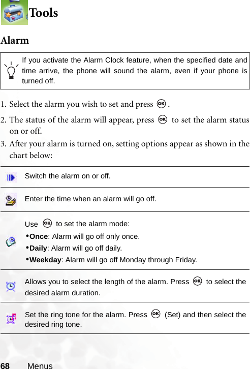 68 MenusToolsAlarm1. Select the alarm you wish to set and press  .2. The status of the alarm will appear, press   to set the alarm statuson or off.3. After your alarm is turned on, setting options appear as shown in thechart below:If you activate the Alarm Clock feature, when the specified date andtime arrive, the phone will sound the alarm, even if your phone isturned off.Switch the alarm on or off.Enter the time when an alarm will go off.Use  to set the alarm mode:•Once: Alarm will go off only once.•Daily: Alarm will go off daily.•Weekday: Alarm will go off Monday through Friday.Allows you to select the length of the alarm. Press   to select thedesired alarm duration.Set the ring tone for the alarm. Press   (Set) and then select thedesired ring tone.