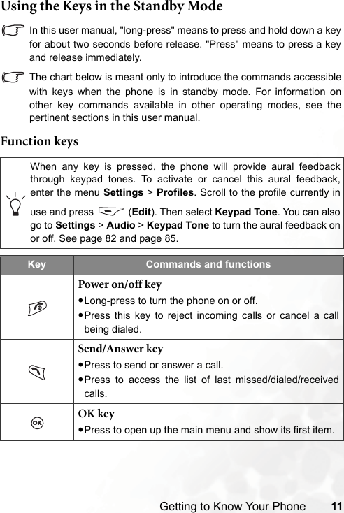Getting to Know Your Phone 11Using the Keys in the Standby ModeIn this user manual, &quot;long-press&quot; means to press and hold down a keyfor about two seconds before release. &quot;Press&quot; means to press a keyand release immediately.The chart below is meant only to introduce the commands accessiblewith keys when the phone is in standby mode. For information onother key commands available in other operating modes, see thepertinent sections in this user manual.Function keysWhen any key is pressed, the phone will provide aural feedbackthrough keypad tones. To activate or cancel this aural feedback,enter the menu Settings &gt; Profiles. Scroll to the profile currently inuse and press   (Edit). Then select Keypad Tone. You can alsogo to Settings &gt; Audio &gt; Keypad Tone to turn the aural feedback onor off. See page 82 and page 85.Key Commands and functionsPower on/off key•Long-press to turn the phone on or off.•Press this key to reject incoming calls or cancel a callbeing dialed.Send/Answer key•Press to send or answer a call.•Press to access the list of last missed/dialed/receivedcalls.OK key•Press to open up the main menu and show its first item.