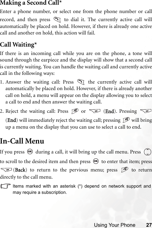 Using Your Phone 27Making a Second Call*Enter a phone number, or select one from the phone number or callrecord, and then press   to dial it. The currently active call willautomatically be placed on hold. However, if there is already one activecall and another on hold, this action will fail.Call Waiting*If there is an incoming call while you are on the phone, a tone willsound through the earpiece and the display will show that a second callis currently waiting. You can handle the waiting call and currently activecall in the following ways:1. Answer the waiting call: Press   the currently active call willautomatically be placed on hold. However, if there is already anothercall on hold, a menu will appear on the display allowing you to selecta call to end and then answer the waiting call.2. Reject the waiting call: Press   or   (End). Pressing (End) will immediately reject the waiting call; pressing   will bringup a menu on the display that you can use to select a call to end.In-Call MenuIf you press   during a call, it will bring up the call menu. Press  to scroll to the desired item and then press   to enter that item; press(Back) to return to the pervious menu; press   to returndirectly to the call menu.Items marked with an asterisk (*) depend on network support andmay require a subscription.