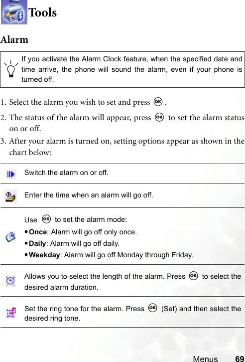 Menus 69ToolsAlarm1. Select the alarm you wish to set and press  .2. The status of the alarm will appear, press   to set the alarm statuson or off.3. After your alarm is turned on, setting options appear as shown in thechart below:If you activate the Alarm Clock feature, when the specified date andtime arrive, the phone will sound the alarm, even if your phone isturned off.Switch the alarm on or off.Enter the time when an alarm will go off.Use  to set the alarm mode:•Once: Alarm will go off only once.•Daily: Alarm will go off daily.•Weekday: Alarm will go off Monday through Friday.Allows you to select the length of the alarm. Press   to select thedesired alarm duration.Set the ring tone for the alarm. Press   (Set) and then select thedesired ring tone.