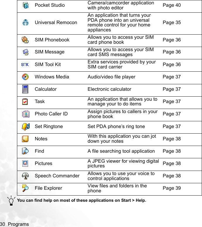 30  Programs   You can find help on most of these applications on Start &gt; Help.Pocket Studio Camera/camcorder application with photo editor Page 40Universal RemoconAn application that turns your PDA phone into an universal remote control for your home appliancesPage 35SIM Phonebook Allows you to access your SIM card phone book Page 36SIM Message Allows you to access your SIM card SMS messages Page 36SIM Tool Kit Extra services provided by your SIM card carrier Page 36Windows Media Audio/video file player Page 37Calculator Electronic calculator Page 37Task An application that allows you to manage your to do items Page 37Photo Caller ID Assign pictures to callers in your phone book Page 37Set Ringtone Set PDA phone’s ring tone Page 37Notes With this application you can jot down your notes Page 38Find A file searching tool application Page 38Pictures A JPEG viewer for viewing digital pictures Page 38Speech Commander Allows you to use your voice to control applications Page 38File Explorer View files and folders in the phone Page 39