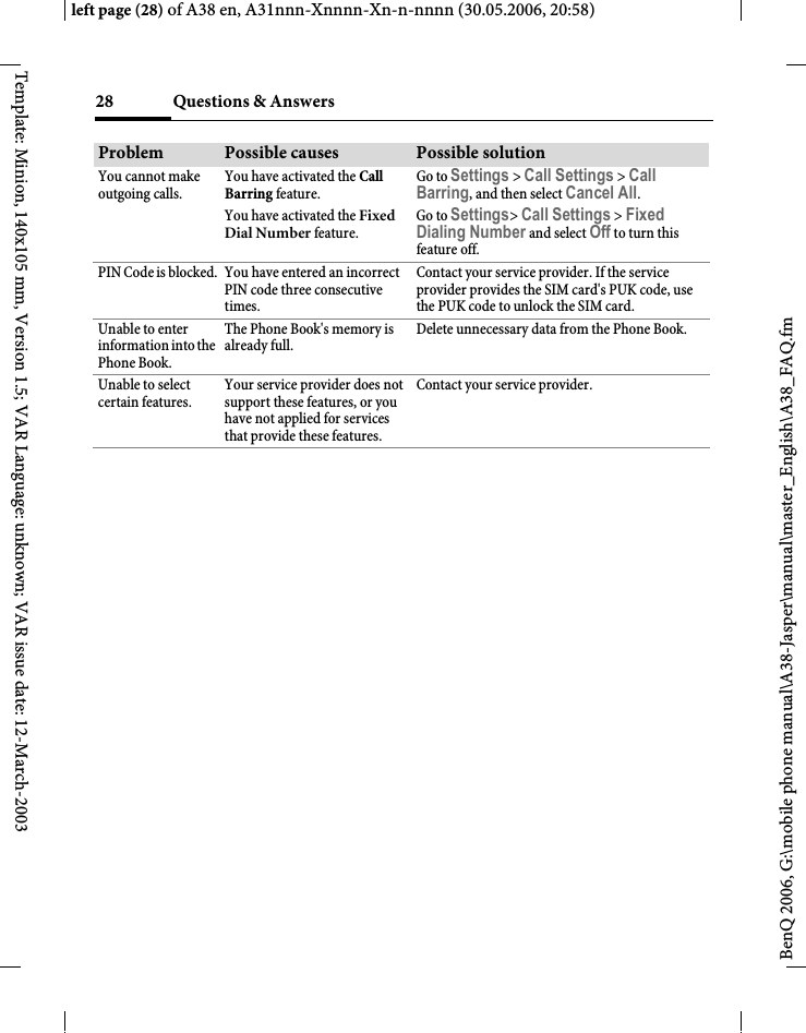 Questions &amp; Answers28BenQ 2006, G:\mobile phone manual\A38-Jasper\manual\master_English\A38_FAQ.fmleft page (28) of A38 en, A31nnn-Xnnnn-Xn-n-nnnn (30.05.2006, 20:58)Template: Minion, 140x105 mm, Version 1.5; VAR Language: unknown; VAR issue date: 12-March-2003You cannot make outgoing calls.You have activated the Call Barring feature.Go to Settings &gt;Call Settings &gt; Call Barring, and then select Cancel All.You have activated the Fixed Dial Number feature.Go to Settings&gt;Call Settings &gt;Fixed Dialing Number and select Off to turn this feature off.PIN Code is blocked. You have entered an incorrect PIN code three consecutive times.Contact your service provider. If the service provider provides the SIM card&apos;s PUK code, use the PUK code to unlock the SIM card.Unable to enter information into the Phone Book.The Phone Book&apos;s memory is already full.Delete unnecessary data from the Phone Book.Unable to select certain features.Your service provider does not support these features, or you have not applied for services that provide these features.Contact your service provider.Problem Possible causes Possible solution