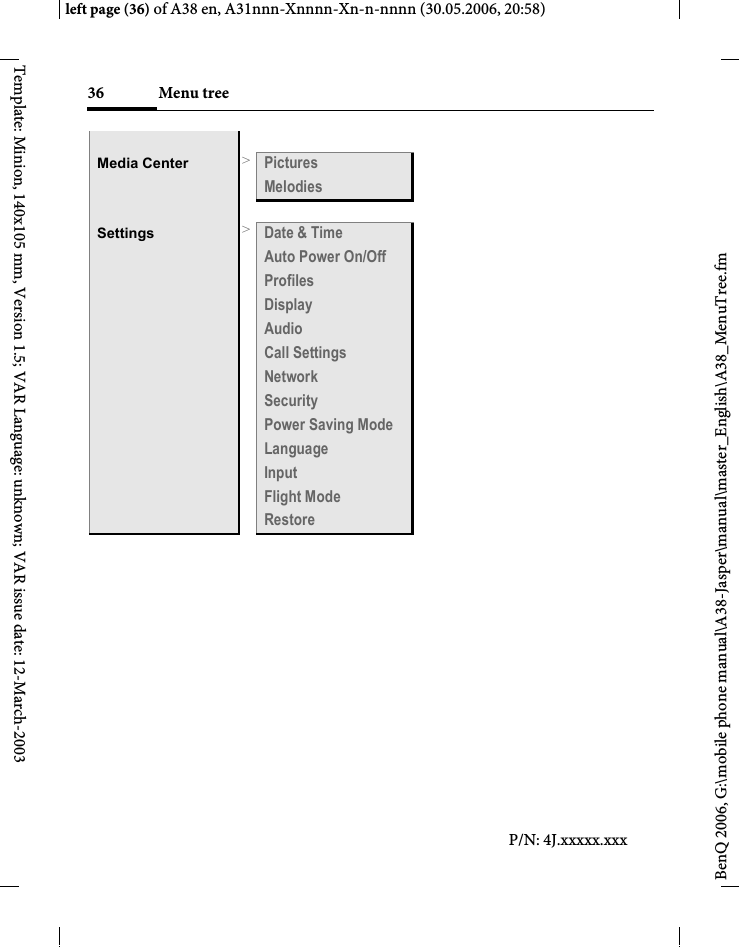 Menu tree36BenQ 2006, G:\mobile phone manual\A38-Jasper\manual\master_English\A38_MenuTree.fmleft page (36) of A38 en, A31nnn-Xnnnn-Xn-n-nnnn (30.05.2006, 20:58)Template: Minion, 140x105 mm, Version 1.5; VAR Language: unknown; VAR issue date: 12-March-2003Media Center &gt;PicturesMelodiesSettings &gt;Date &amp; TimeAuto Power On/OffProfilesDisplayAudioCall SettingsNetworkSecurityPower Saving ModeLanguageInputFlight ModeRestoreP/N: 4J.xxxxx.xxx