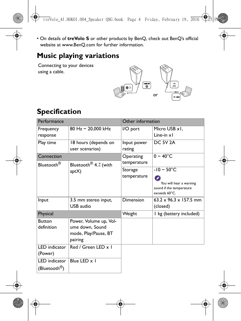 • On details of treVolo S or other products by BenQ, check out BenQ’s official website at www.BenQ.com for further information.Music playing variationsSpecificationConnecting to your devices using a cable.Performance Other informationFrequency response80 Hz ~ 20,000 kHz I/O port Micro USB x1, Line-in x1Play time 18 hours (depends on user scenarios)Input power ratingDC 5V 2AConnection Operating temperature0 ~ 40°CBluetooth®Bluetooth® 4.1 (with aptX) Storage temperature-10 ~ 50°CYou will hear a warning sound if the temperature exceeds 60°C.Input 3.5 mm stereo input, USB audioDimension 63.2 x 96.3 x 157.5 mm (closed)Physical Weight 1 kg (battery included)Button definitionPower, Volume up, Vol-ume down, Sound mode, Play/Pause, BT pairingLED indicator(Power)Red / Green LED x 1LED indicator(Bluetooth®)Blue LED x 1LINE INortreVolo_4J.H0K01.004_Speaker QSG.book  Page 4  Friday, February 19, 2016  4:25 PM2