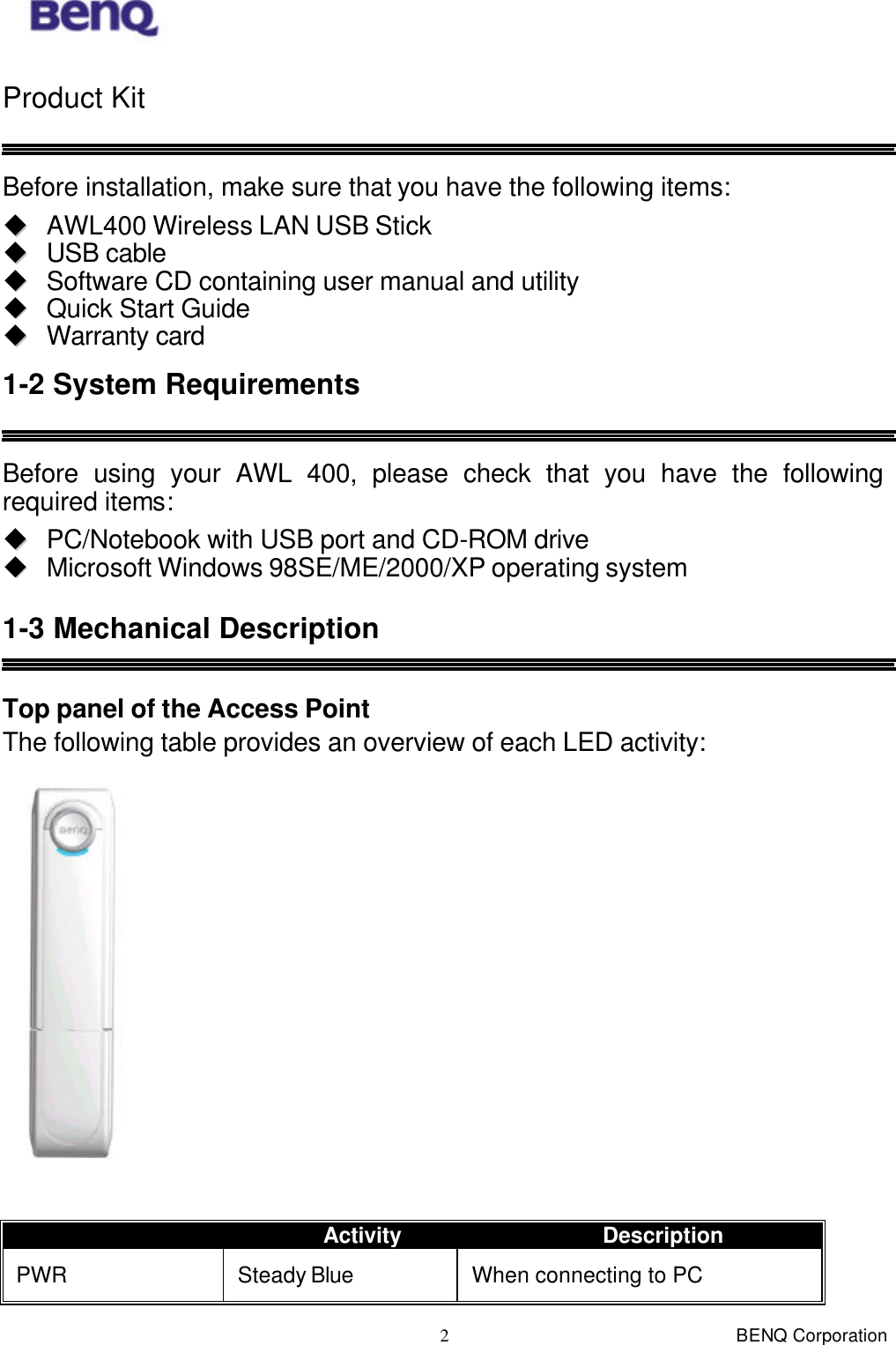  BENQ Corporation 2Product Kit  Before installation, make sure that you have the following items: uu  AWL400 Wireless LAN USB Stick uu  USB cable uu  Software CD containing user manual and utility uu  Quick Start Guide uu  Warranty card 1-2 System Requirements  Before using your AWL 400, please check that you have the following required items: uu  PC/Notebook with USB port and CD-ROM drive uu  Microsoft Windows 98SE/ME/2000/XP operating system  1-3 Mechanical Description  Top panel of the Access Point The following table provides an overview of each LED activity:    Activity Description PWR Steady Blue When connecting to PC 