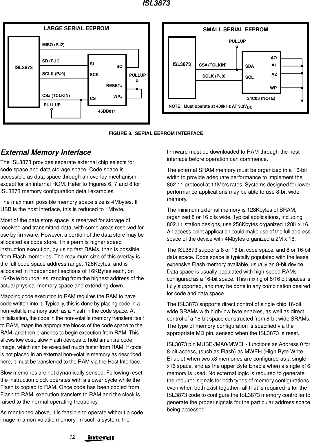 12External Memory InterfaceThe ISL3873 provides separate external chip selects forcode space and data storage space. Code space isaccessible as data space through an overlay mechanism,except for an internal ROM. Refer to Figures 6, 7 and 8 forISL3873 memory conﬁguration detail examples.The maximum possible memory space size is 4Mbytes. IfUSB is the host interface, this is reduced to 1Mbyte.Most of the data store space is reserved for storage ofreceived and transmitted data, with some areas reserved foruse by ﬁrmware. However, a portion of the data store may beallocated as code store. This permits higher speedinstruction execution, by using fast RAMs, than is possiblefrom Flash memories. The maximum size of this overlay isthe full code space address range, 128Kbytes, and isallocated in independent sections of 16KBytes each, on16Kbyte boundaries, ranging from the highest address of theactual physical memory space and extending down.Mapping code execution to RAM requires the RAM to havecode written into it. Typically, this is done by placing code in anon-volatile memory such as a Flash in the code space. Atinitialization, the code in the non-volatile memory transfers itselfto RAM, maps the appropriate blocks of the code space to theRAM, and then branches to begin execution from RAM. Thisallows low cost, slow Flash devices to hold an entire codeimage, which can be executed much faster from RAM. If codeis not placed in an external non-volatile memory as describedhere, it must be transferred to the RAM via the Host Interface.Slow memories are not dynamically sensed. Following reset,the instruction clock operates with a slower cycle while theFlash is copied to RAM. Once code has been copied fromFlash to RAM, execution transfers to RAM and the clock israised to the normal operating frequency.As mentioned above, it is feasible to operate without a codeimage in a non-volatile memory. In such a system, theﬁrmware must be downloaded to RAM through the hostinterface before operation can commence.The external SRAM memory must be organized in a 16-bitwidth to provide adequate performance to implement the802.11 protocol at 11Mb/s rates. Systems designed for lowerperformance applications may be able to use 8-bit widememory.The minimum external memory is 128Kbytes of SRAM,organized 8 or 16 bits wide. Typical applications, including802.11 station designs, use 256Kbytes organized 128K x 16.An access point application could make use of the full addressspace of the device with 4Mbytes organized a 2M x 16.The ISL3873 supports 8 or 16-bit code space, and 8 or 16-bitdata space. Code space is typically populated with the leaseexpensive Flash memory available, usually an 8-bit device.Data space is usually populated with high-speed RAMsconfigured as a 16-bit space. This mixing of 8/16 bit spaces isfully supported, and may be done in any combination desiredfor code and data space.The ISL3873 supports direct control of single chip 16-bitwide SRAMs with high/low byte enables, as well as directcontrol of a 16-bit space constructed from 8-bit wide SRAMs.The type of memory conﬁguration is speciﬁed via theappropriate MD pin, sensed when the ISL3873 is reset.ISL3873 pin MUBE-/MA0/MWEH- functions as Address 0 for8-bit access, (such as Flash) as MWEH (High Byte WriteEnable) when two x8 memories are conﬁgured as a singlex16 space, and as the upper Byte Enable when a single x16memory is used. No external logic is required to generatethe required signals for both types of memory conﬁgurations,even when both exist together; all that is required is for theISL3873 code to conﬁgure the ISL3873 memory controller togenerate the proper signals for the particular address spacebeing accessed.PULLUP45DB011PULLUPCS# (TCLKIN)SCLK (PJ0)SD (PJ1)MISO (PJ2)ISL3873LARGE SERIAL EEPROM SMALL SERIAL EEPROMISL3873PULLUPCS# (TCLKIN)SCLK (PJ0)NOTE: Must operate at 400kHz AT 3.3VDC24C08 (NOTE)A2A1AOSDASCLWPFIGURE 8. SERIAL EEPROM INTERFACESISCKSORESET#WP#CSISL3873