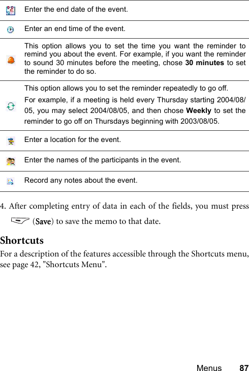 Menus 874. After completing entry of data in each of the fields, you must press (Save) to save the memo to that date.ShortcutsFor a description of the features accessible through the Shortcuts menu,see page 42, &quot;Shortcuts Menu&quot;.Enter the end date of the event.Enter an end time of the event.This option allows you to set the time you want the reminder toremind you about the event. For example, if you want the reminderto sound 30 minutes before the meeting, chose 30 minutes to setthe reminder to do so.This option allows you to set the reminder repeatedly to go off. For example, if a meeting is held every Thursday starting 2004/08/05, you may select 2004/08/05, and then chose Weekly to set thereminder to go off on Thursdays beginning with 2003/08/05.Enter a location for the event.Enter the names of the participants in the event.Record any notes about the event.