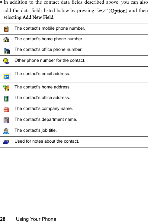 28 Using Your Phone•In addition to the contact data fields described above, you can alsoadd the data fields listed below by pressing  (Option) and thenselecting Add New Field.The contact&apos;s mobile phone number.The contact&apos;s home phone number.The contact&apos;s office phone number.Other phone number for the contact.The contact&apos;s email address.The contact&apos;s home address.The contact&apos;s office address.The contact&apos;s company name.The contact&apos;s department name.The contact&apos;s job title.Used for notes about the contact.
