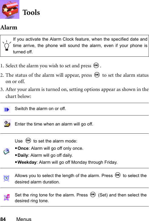 84 MenusToolsAlarm1. Select the alarm you wish to set and press  .2. The status of the alarm will appear, press   to set the alarm statuson or off.3. After your alarm is turned on, setting options appear as shown in thechart below:If you activate the Alarm Clock feature, when the specified date andtime arrive, the phone will sound the alarm, even if your phone isturned off.Switch the alarm on or off.Enter the time when an alarm will go off.Use  to set the alarm mode:•Once: Alarm will go off only once.•Daily: Alarm will go off daily.•Weekday: Alarm will go off Monday through Friday.Allows you to select the length of the alarm. Press   to select thedesired alarm duration.Set the ring tone for the alarm. Press   (Set) and then select thedesired ring tone.