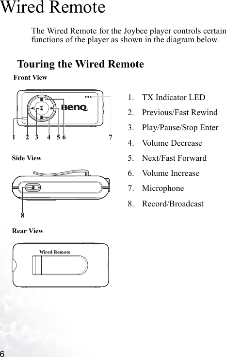 6   Wired RemoteThe Wired Remote for the Joybee player controls certain functions of the player as shown in the diagram below.Touring the Wired RemoteFront ViewSide View8123456 7Wired RemoteRear View1. TX Indicator LED2. Previous/Fast Rewind3. Play/Pause/Stop Enter4. Volume Decrease5. Next/Fast Forward6. Volume Increase7. Microphone8. Record/Broadcast