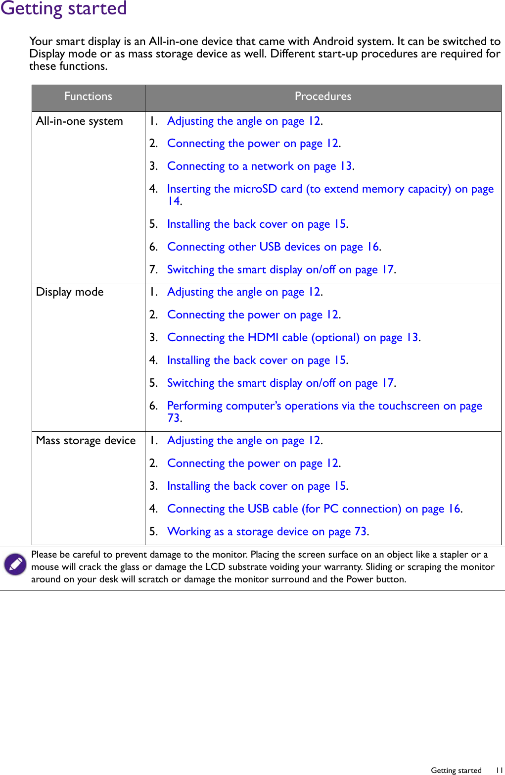   11  Getting startedGetting startedYour smart display is an All-in-one device that came with Android system. It can be switched to Display mode or as mass storage device as well. Different start-up procedures are required for these functions.Functions ProceduresAll-in-one system 1.  Adjusting the angle on page 12.2.  Connecting the power on page 12.3.  Connecting to a network on page 13.4.  Inserting the microSD card (to extend memory capacity) on page 14.5.  Installing the back cover on page 15.6.  Connecting other USB devices on page 16.7.  Switching the smart display on/off on page 17.Display mode 1.  Adjusting the angle on page 12.2.  Connecting the power on page 12.3.  Connecting the HDMI cable (optional) on page 13.4.  Installing the back cover on page 15.5.  Switching the smart display on/off on page 17.6.  Performing computer’s operations via the touchscreen on page 73.Mass storage device 1.  Adjusting the angle on page 12.2.  Connecting the power on page 12.3.  Installing the back cover on page 15.4.  Connecting the USB cable (for PC connection) on page 16.5.  Working as a storage device on page 73.Please be careful to prevent damage to the monitor. Placing the screen surface on an object like a stapler or a mouse will crack the glass or damage the LCD substrate voiding your warranty. Sliding or scraping the monitor around on your desk will scratch or damage the monitor surround and the Power button.