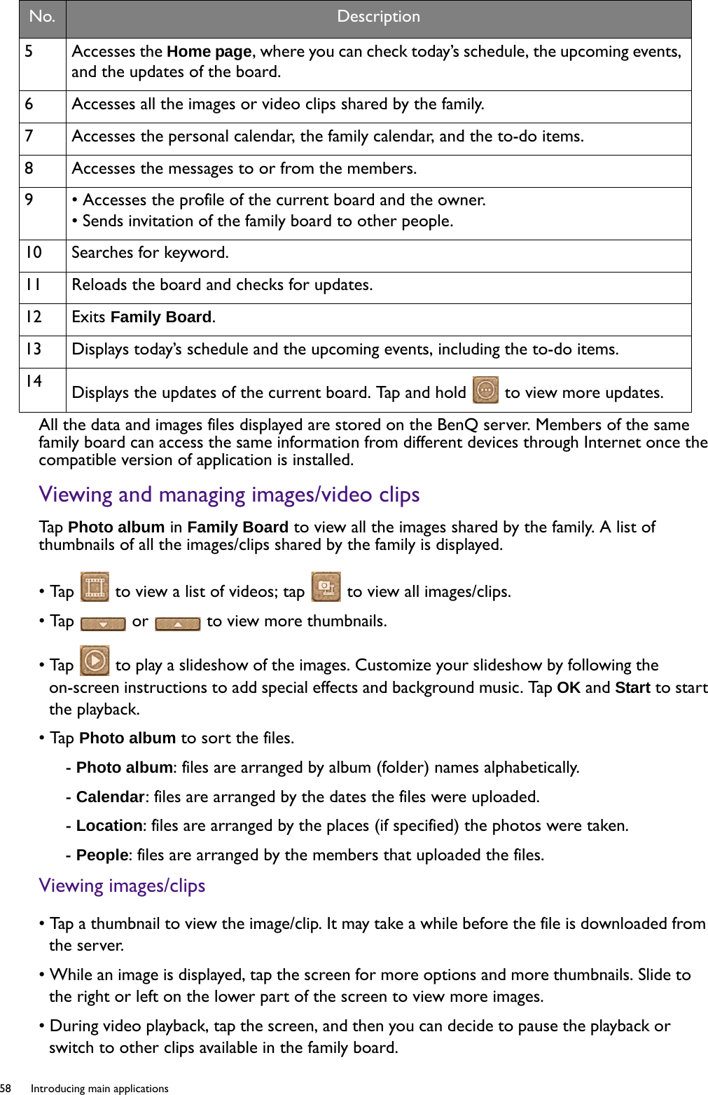 58  Introducing main applications  All the data and images files displayed are stored on the BenQ server. Members of the same family board can access the same information from different devices through Internet once the compatible version of application is installed.Viewing and managing images/video clipsTap  Photo album in Family Board to view all the images shared by the family. A list of thumbnails of all the images/clips shared by the family is displayed. • Tap   to view a list of videos; tap   to view all images/clips.• Tap   or   to view more thumbnails.• Tap   to play a slideshow of the images. Customize your slideshow by following the on-screen instructions to add special effects and background music. Tap OK and Start to start the playback.• Tap Photo album to sort the files.- Photo album: files are arranged by album (folder) names alphabetically.- Calendar: files are arranged by the dates the files were uploaded.- Location: files are arranged by the places (if specified) the photos were taken.- People: files are arranged by the members that uploaded the files.Viewing images/clips• Tap a thumbnail to view the image/clip. It may take a while before the file is downloaded from the server.• While an image is displayed, tap the screen for more options and more thumbnails. Slide to the right or left on the lower part of the screen to view more images.• During video playback, tap the screen, and then you can decide to pause the playback or switch to other clips available in the family board.5 Accesses the Home page, where you can check today’s schedule, the upcoming events, and the updates of the board.6 Accesses all the images or video clips shared by the family.7 Accesses the personal calendar, the family calendar, and the to-do items.8 Accesses the messages to or from the members.9 • Accesses the profile of the current board and the owner.• Sends invitation of the family board to other people.10 Searches for keyword.11 Reloads the board and checks for updates.12 Exits Family Board.13 Displays today’s schedule and the upcoming events, including the to-do items.14 Displays the updates of the current board. Tap and hold   to view more updates.No. Description